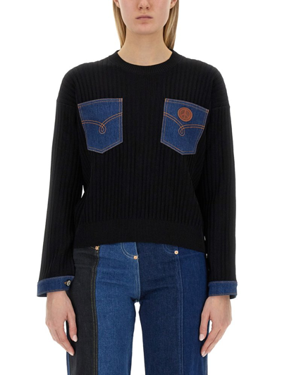 Moschino Jeans Denim Patchwork Detailed Drop Shoulder Jumper In Black