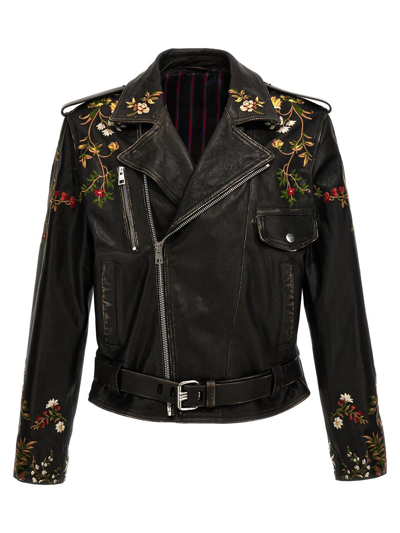 Etro Floral-embroidery Leather Biker Jacket In Negro