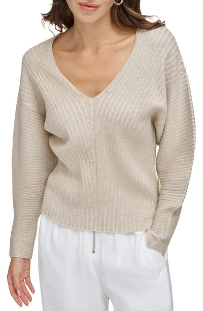 Dkny Women's Ribbed Dolman-sleeve V-neck Sweater In Ivory,pebble Heather