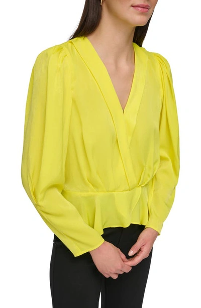 Dkny Wrap Front Satin Peplum Blouse In Limonata