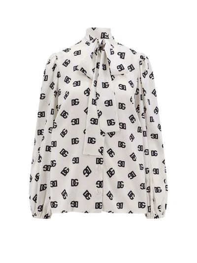 Dolce & Gabbana Charmeuse Shirt With All-over Dg Logo Print In White