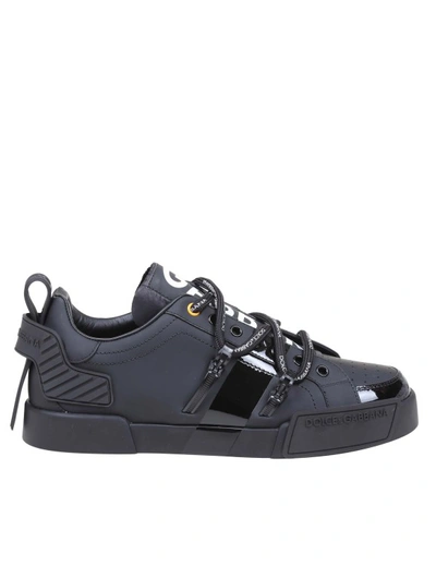 DOLCE & GABBANA BLACK CALFSKIN AND PATENT LEATHER PORTIFINO SNEAKERS