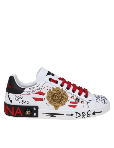 Dolce & Gabbana Portofino Leather Sneakers With Applied Studs In White