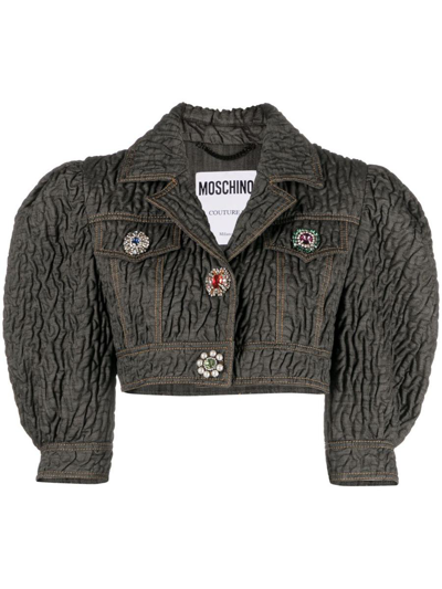 Moschino Crystal-embellished Butted Cropped Jacket In Black