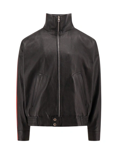 Alexander Mcqueen Leather Jacket With Contrasting Bands In Negro