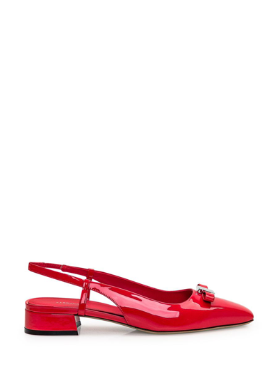 Ferragamo Marlina Bow-embellished Patent-leather Slingback Flats In Red
