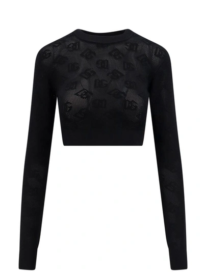 Dolce & Gabbana Cropped Mesh-stitch Viscose Sweater With Jacquard Dg Logo In Black