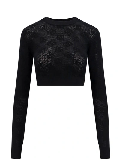 Dolce & Gabbana Cropped Mesh-stitch Viscose Sweater With All-over Jacquard Dg Logo In Black