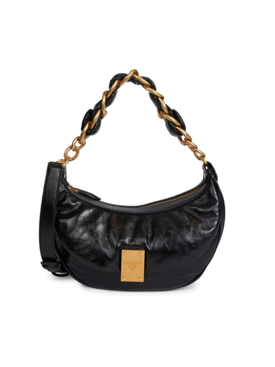 Balmain 1945 Crinkled Leather Chain Hobo Bag In Black