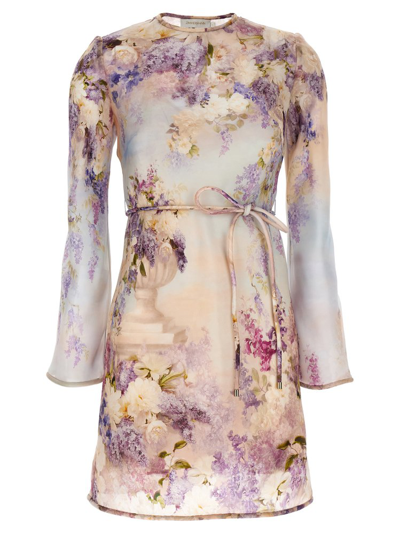 Zimmermann Luminosity Belted Floral-print Silk Mini Dress In Beige