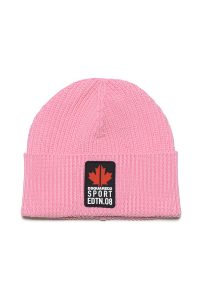 Dsquared2 Kids' Logo-patch Ribbed Beanie In Pink