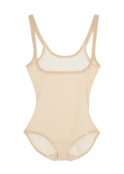 Wolford Control Velvet-trimmed Tulle Bodysuit In Beige