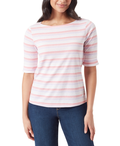 Gloria Vanderbilt Women's Alanis Boat Neck Elbow-sleeve T-shirt In Pink Dogwood Stripe