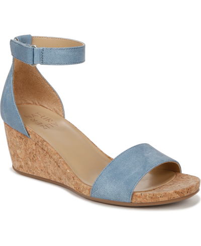 Naturalizer Areda Ankle Strap Wedge Sandals In Mid Blue Faux Leather