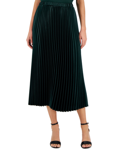 Anne Klein Petite Satin Pleated Pull-on Midi Skirt In Pine Forrest