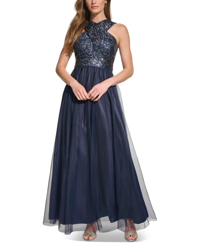 Eliza J Petite Sequin And Tulle Halter Ballgown In Navy