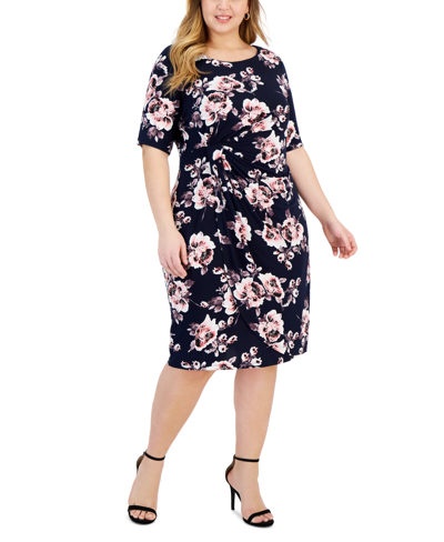 Connected Plus Size Printed Side-tab Sheath Dress In Navy,rose