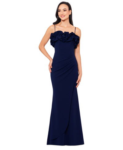 Xscape Women's Ruffled Sleeveless Scuba Crepe Gown In Navy
