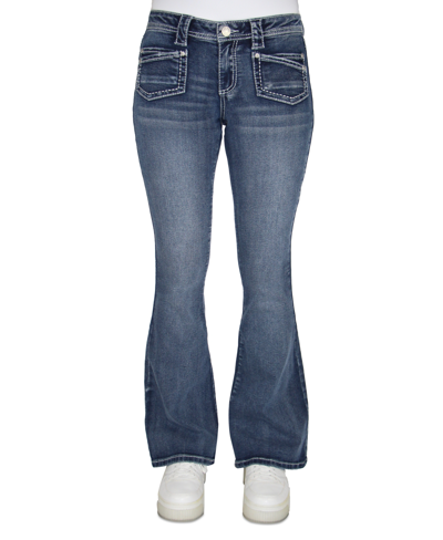 Almost Famous Crave Fame Juniors' Faded Patch-pocket Flare-leg Denim Jeans In Dark Wash