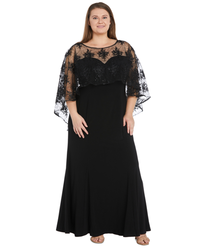 R & M Richards Plus Size Embroidered-capelet Gown In Black,taup