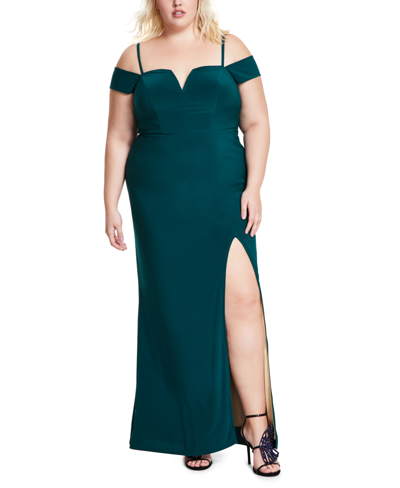 City Studios Trendy Plus Size Off-the-shoulder Slit Gown In Hunter Gold