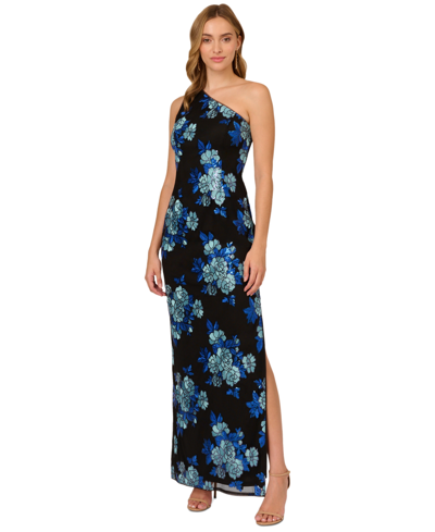 Adrianna Papell Women's Floral Sequin One-shoulder Dress In Black,blue Multi