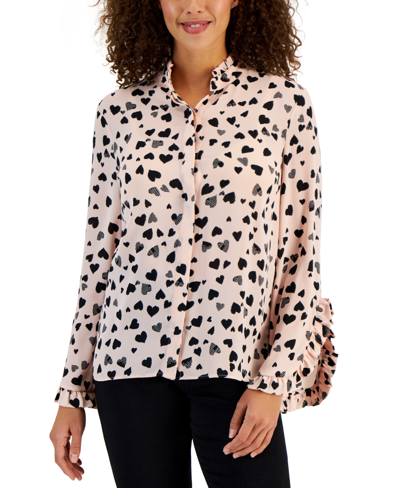 T Tahari Women's Heart-print Bell-sleeve Button-front Top In Black  Pink