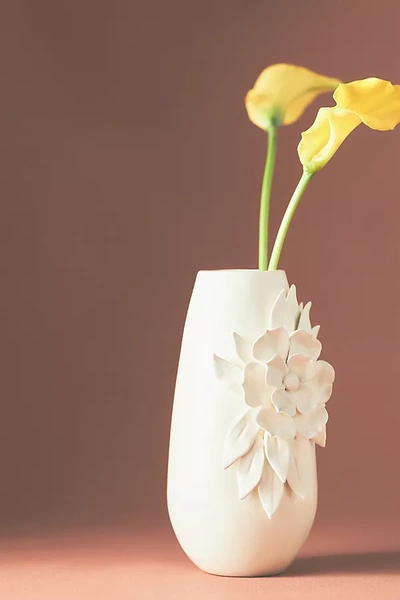 Anthropologie Anelise Floral Ceramic Vase In White