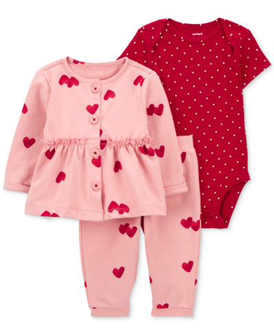 Carter's Baby Girls Cotton Hearts Little Cardigan, Bodysuit And Pants, 3 Piece Set In Pink