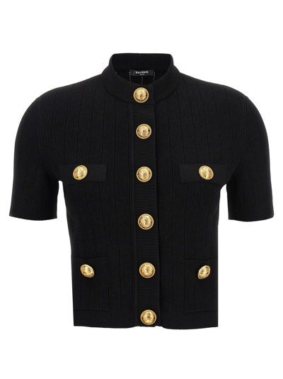 BALMAIN LOGO BUTTONS CARDIGAN SWEATER, CARDIGANS BLACK