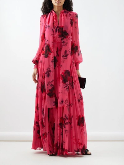 Erdem Floral-print Pleated Voile Gown In Cerise