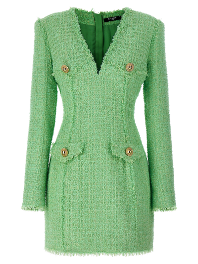 Balmain Green Logo Button Tweed Dress