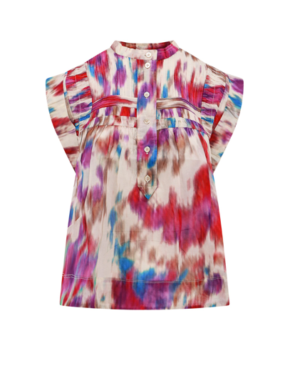 Isabel Marant Étoile Biologic Cotton Top With Multicolor Print In Beige Raspberry