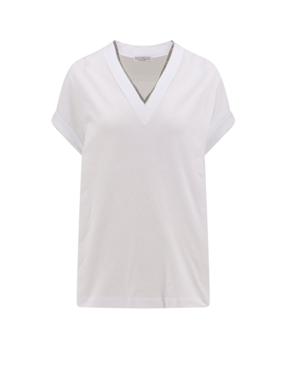 Brunello Cucinelli Contrast-trim V-neck T-shirt In White