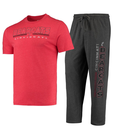 CONCEPTS SPORT MEN'S CONCEPTS SPORT HEATHERED CHARCOAL, RED DISTRESSED CINCINNATI BEARCATS METER T-SHIRT AND PANTS 
