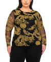 COIN 1804 PLUS SIZE DRAGON PRINT MESH SCOOP NECK LONG SLEEVE TOP