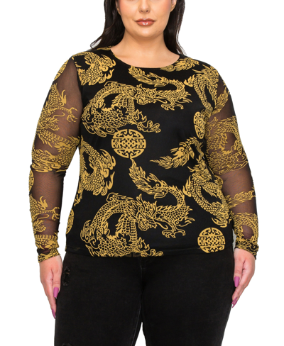 Coin 1804 Plus Size Dragon Print Mesh Scoop Neck Long Sleeve Top In Black Gold