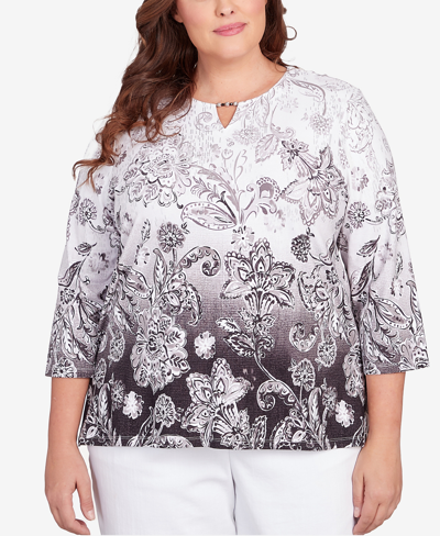 Alfred Dunner Plus Size Classic Neutrals Ombre Scroll Floral Split Neck Top In Gray