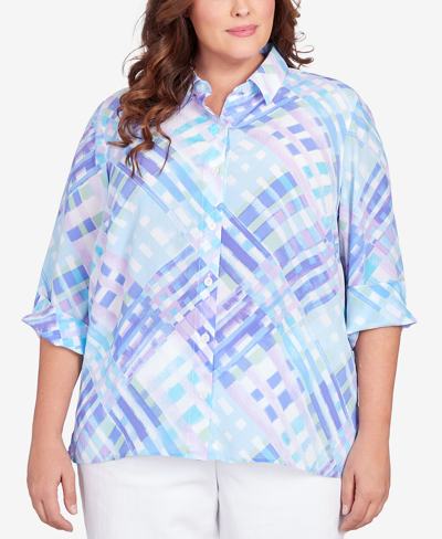 Alfred Dunner Plus Size Classic Brights Lattice Plaid Button Down Top In Turquoise