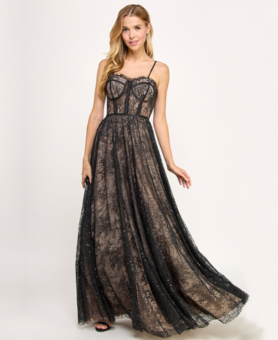 Say Yes Juniors' Sequin-lace Bustier Sweetheart-neck Gown, Created For Macy's In Black,rose