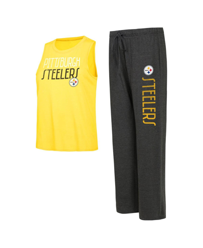 CONCEPTS SPORT WOMEN'S CONCEPTS SPORT BLACK, GOLD DISTRESSED PITTSBURGH STEELERS MUSCLE TANK TOP AND PANTS LOUNGE S
