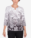 ALFRED DUNNER PETITE CLASSIC NEUTRALS OMBRE SCROLL FLORAL SPLIT NECK TOP