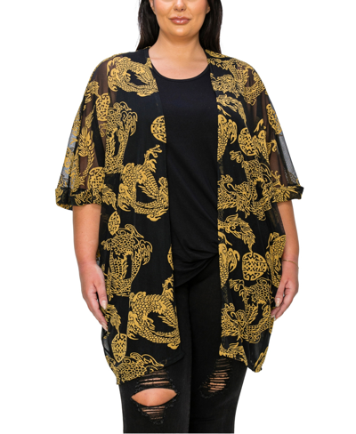 Coin 1804 Plus Size Dragon Print Mesh Roll Sleeve Kimono Top In Black Gold