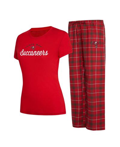 Concepts Sport Women's  Red, Pewter Tampa Bay Buccaneers Arctic T-shirt And Flannel Pants Sleep Set In Red,pewter