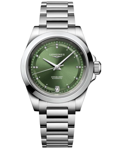 Longines Women's Swiss Automatic Conquest Diamond (1/20 Ct. T.w.) Stainless Steel Bracelet Watch 34mm In Green/silver