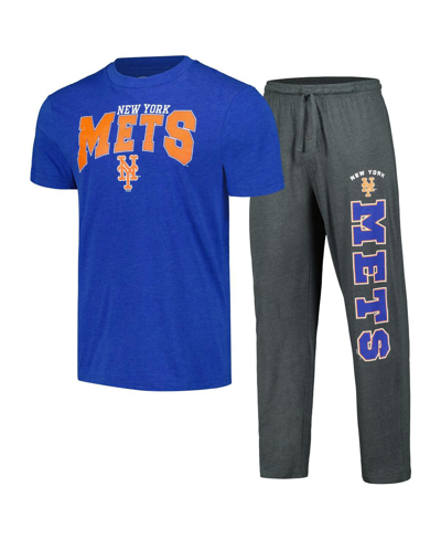 CONCEPTS SPORT MEN'S CONCEPTS SPORT CHARCOAL, ROYAL NEW YORK METS METER T-SHIRT AND PANTS SLEEP SET