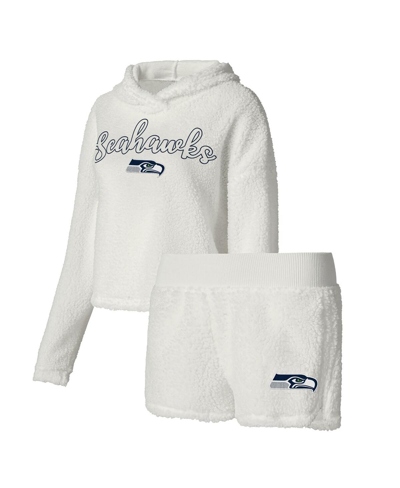 Concepts Sport Women's  White Seattle Seahawks Fluffy Pullover Sweatshirt And Shorts Sleep Set