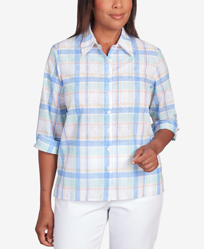 Alfred Dunner Petite Classic Pastels Cool Plaid Button Down Top In Lake Blue