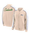 FANATICS WOMEN'S FANATICS TAN SEATTLE SEAHAWKS LOUNGE FULL-SNAP VARSITY JACKET