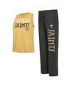 Concepts Sport Women's  Black, Gold Distressed New Orleans Saints Muscle Tank Top And Pants Lounge Se In Black,gold